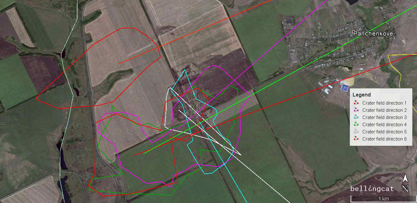 Crater fields near the Dolzhanskaya-Capital mine showing six separate firing trajectories